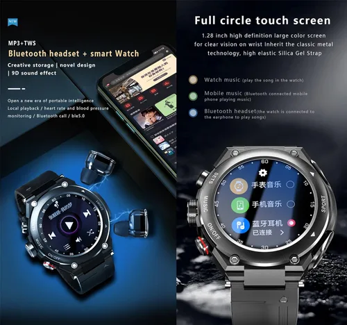 Miniatura 2 de Tuanzi Reloj inteligente T92 con auriculares MP3 Bluetooth 3 en 1 1.28 pulgadas Smartwatch Auriculares inalámbricos incorporados Altavoz Rastreador
