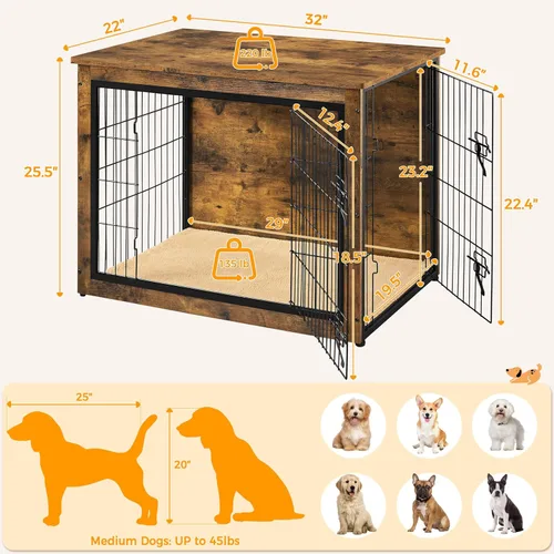 Miniatura 3 de Yaheetech 32" Mesa auxiliar de jaula para perros con cojín, jaula de madera para perros con puertas dobles/pies ajustables, mesa auxiliar lateral