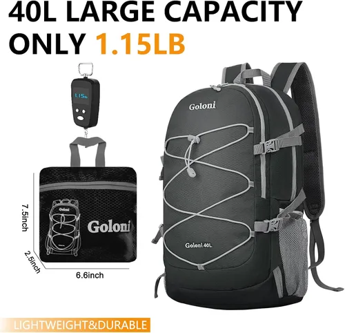 Miniatura 6 de Goloni Mochila plegable ultraligera de 40 litros – Mochila de senderismo plegable resistente al agua, pequeña mochila plegable para viajes
