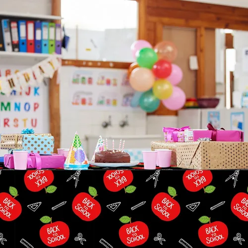 Miniatura 7 de Whaline Mantel de fiesta de bienvenida de regreso a la escuela, 3 piezas, 54 x 108 pulgadas, impermeable, manzanas rojas, mantel de plástico