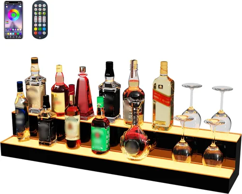 Miniatura 9 de MESAlLUP - Estante de exhibición de botellas de licor iluminado de 2 niveles de 16 pulgadas, estantes de barra LED con aplicación o control remoto