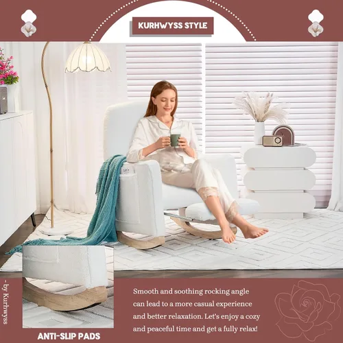 Miniatura 7 de Mecedora moderna para guardería, cómoda silla de guardería con reposapiés, mecedora tapizada con bolsillo, sillón de lectura con base de madera
