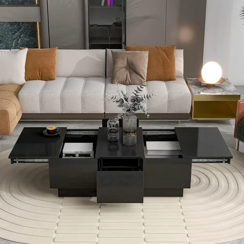 Miniatura 19 de Mesa de centro moderna con vidrio templado, mesa de cóctel de madera con superficie UV de alto brillo, mesa central rectangular modernista de 2 Negro