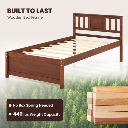 Miniatura 5 de Giantex Marco de cama individual con cabecero, cama de plataforma de madera maciza de mediados de siglo, cama de panel individual con soporte