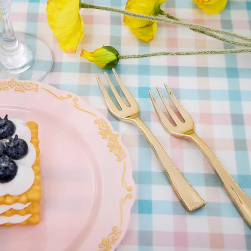 Miniatura 4 de LIYH 100 piezas de platos de postre de oro rosa - 100 piezas de tenedores de plástico dorados, platos para pasteles desechables con tenedores