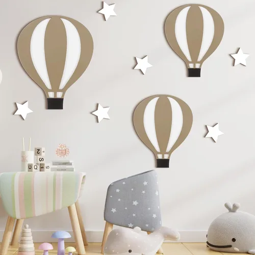 Soaoo 9 piezas de globos de aire caliente, decoración de pared de guardería, letrero de madera bohemio, globo de aire caliente, decoración de baby