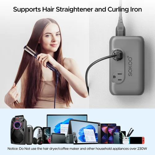 Miniatura 2 de SOKOO Convertidor de voltaje de 220 V a 110 V, adaptador de viaje universal internacional, 4 puertos USB (1 USB C) convertidor de corriente reductor