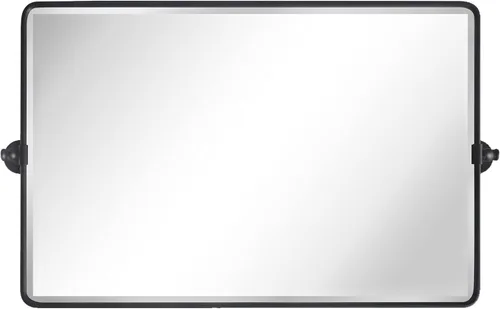 TEHOME Espejo de baño con pivote horizontal, inclinable, marco de metal negro, rectangular, redondeado, rectangular, inclinable, biselado, para