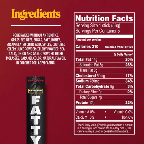 Miniatura 2 de FATTY Palitos de carne, hechos con carne de res alimentada con pasto, cerdo criado sin antibióticos, 11g de proteína por palito, Honey BBQ, Relleno