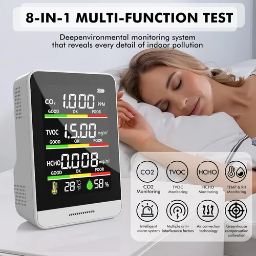Miniatura 5 de Monitor de calidad del aire para interiores, probador inteligente de calidad del aire 8 en 1 con CO2, TVOC, HCHO, AQI, temperatura y humedad