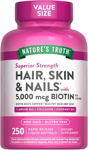 Vitaminas para el cabello, piel y uñas de Nature's Truth | 5000 mcg | 250 cápsulas blandas | Incluye colágeno, biotina y aceite de coco | Suplemento