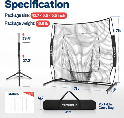 Miniatura 8 de VIVOHOME Baseball Softball Batting Net - 7x7 Ft Baseball Backstop, Softball Practice Net for Hitting, Pitching, Throwing with Batting Tee and Carry