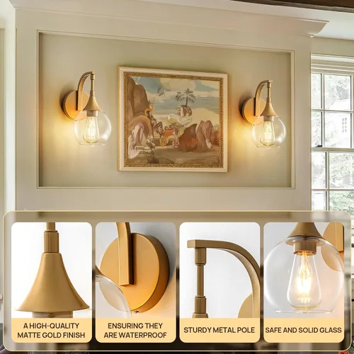 Miniatura 4 de Aplique de pared dorado, 1 luz de tocador de baño, lámpara de pared moderna con pantalla de vidrio transparente de 4.9 pulgadas, lámparas de pared