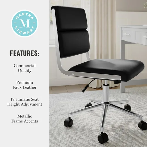 Miniatura 8 de Martha Stewart Lulu - Silla giratoria con asiento ajustable en altura para oficina en casa en piel sintética negra con marco de níquel pulido