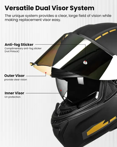 Miniatura 4 de ILM Cascos de motocicleta de cara completa para adultos, hombres y mujeres, doble visera Powersports Motorbike Street Racing 619 (negro dorado, S)