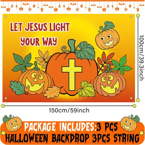Miniatura 2 de Preboun 3 carteles de telón de fondo de calabaza cristiana de Halloween para fiestas, 40 x 60 pulgadas, decoración religiosa de tronco o trato