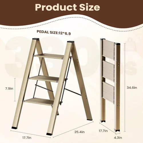 Miniatura 2 de FlyGeneral Escalera de 3 escalones, taburete plegable de escalera, dorado, peldaños antideslizantes más anchos y mejorados, escalera portátil ligera