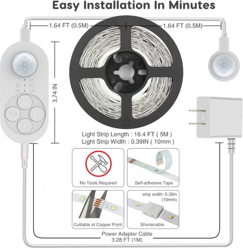 Miniatura 7 de Luces de Escalera con Doble Sensor para Interiores, Tira de Luz para Escalones Activada por Movimiento Enchufable para Interiores con Atenuador