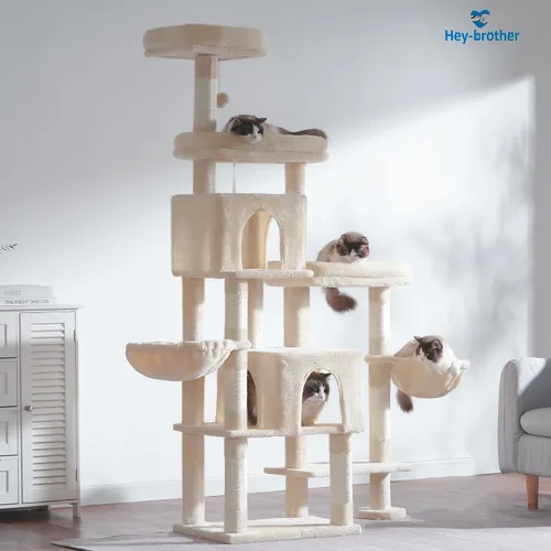 Miniatura 8 de Hey-brother - Árbol rascador para gatos con torre, postes rascadores con parte extendida, plataformas anchas, acogedores condominios, hamacas