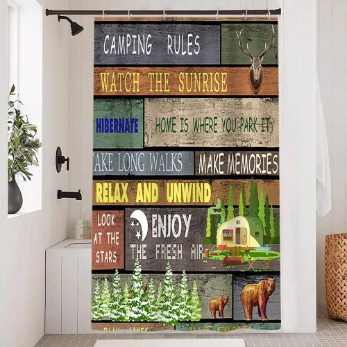 Miniatura 5 de Cortina de ducha Happy Camper de 48 x 72 pulgadas, diseño de caricaturas, remolque, hoguera, aventura al aire libre, cortina de baño para decoración