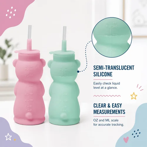 Miniatura 4 de Silipint Honey Bear - Vaso con popote para bebés, tapa suave de silicona de grado alimenticio, apto para lavavajillas, ligero y fácil agarre, Rosa