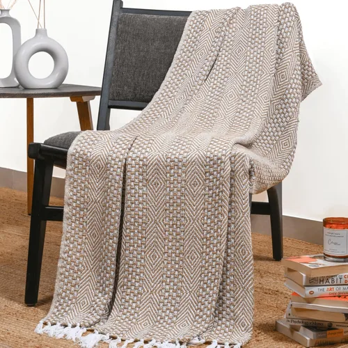 Miniatura 8 de RAJRANG Manta bohemia de algodón, 50 x 60 pulgadas, manta rústica para sofá para decoración de sala de estar, plumas, gris, beige Azul verdoso