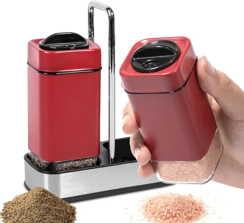 Miniatura 7 de Saleros y pimienteros rojos de Aelga, juego de salero de vidrio con agujeros ajustables para servir, ideal para pimienta negra, kosher y del Himalaya