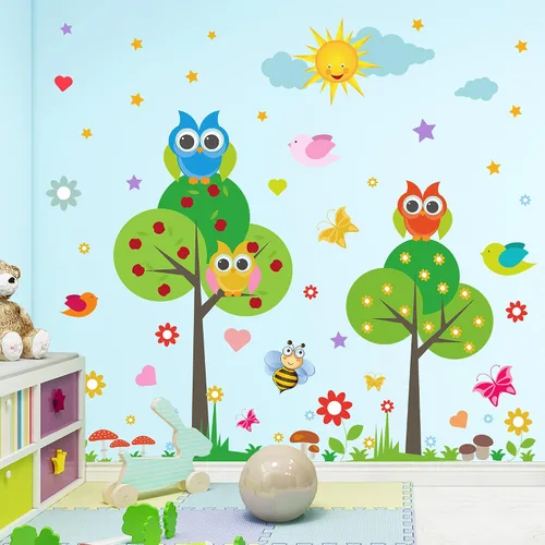 Miniatura 3 de Calcomanía de pared de animales para niños, diseño de flores, pájaros, mariposas, bricolaje, extraíble, despegar y pegar, decoración de árbol verde