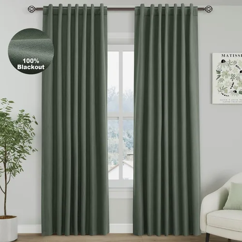 Miniatura 45 de Cortinas de lino 100% opacas para dormitorio, 102 pulgadas de largo, con pestaña trasera, bolsillo para barra, paneles acústicos con aislamiento