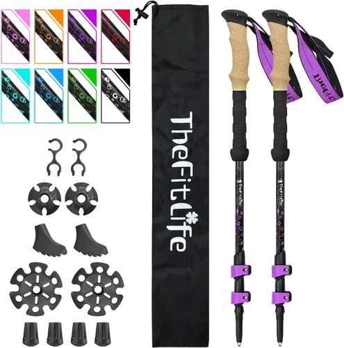 Bastones de senderismo de fibra de carbono TheFitLife – Bastón de senderismo plegable y telescópico con mango de corcho natural y empuñaduras EVA