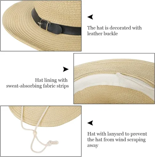 Miniatura 18 de Sombrero de vaquero de paja para hombres y mujeres, sombrero de sol de ala ancha, sombrero de vaquera Panamá con correa para la barbilla, sombrero