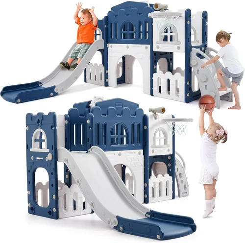 Juego de actividades para niños pequeños 8 en 1, incluye tobogán, escalador, aro de baloncesto, túnel, telescopio, volante y almacenamiento, equipo