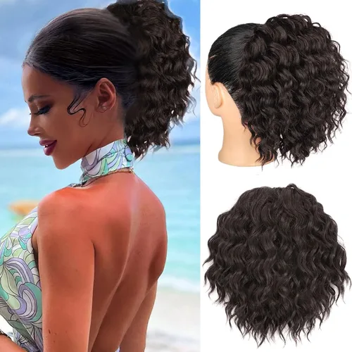 Miniatura 12 de Matriarchs Extensión de cola de caballo corta y rizada con cordón para mujer, pieza de cabello sintético largo afro rizado esponjoso para uso diario