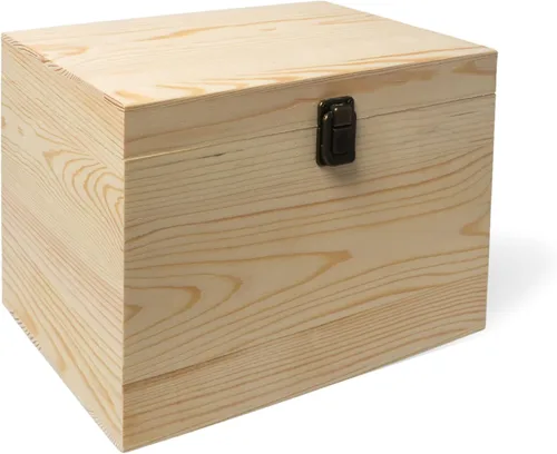 Caja de madera sin terminar de 10 x 7 x 7 pulgadas con tapa con bisagras y cierre frontal para bricolaje, proyectos de arte, manualidades, recuerdos