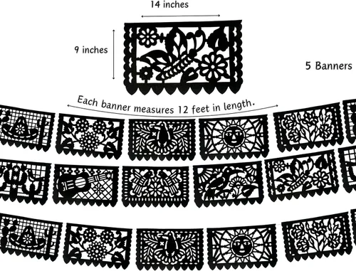 Miniatura 2 de Pancartas de papel picado negras, decoraciones de fiesta, pancarta de fiesta mexicana, banderines, guirnaldas, serpentinas para bodas, quinceañeras