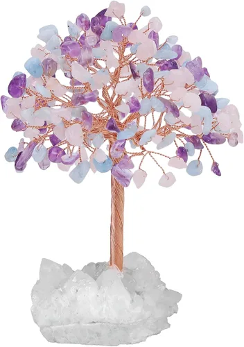 Miniatura 8 de Nupuyai Árbol de cristal de cuarzo rosa curativo hecho a mano con racimo de cuarzo de roca, árbol de dinero bonsái de piedra energética, decoración