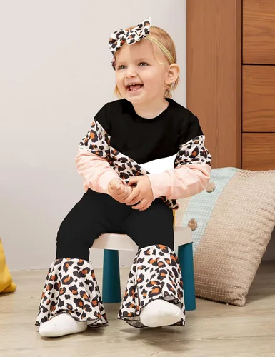 Miniatura 3 de Queenstyle Sudadera de bloque de color para niña pequeña + pantalones de campana + diadema para otoño e invierno