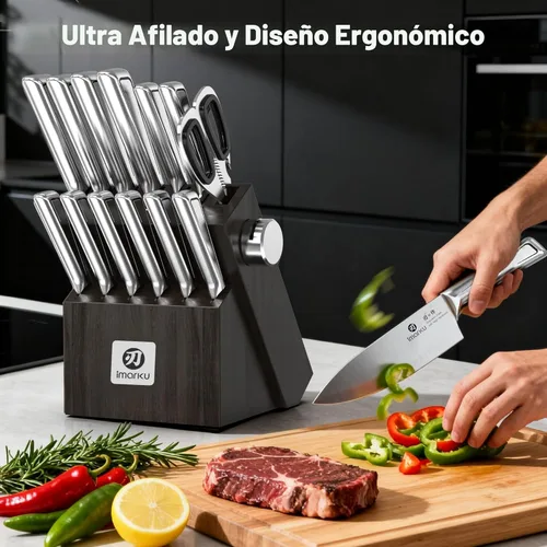 Miniatura 2 de imarku Juego de cuchillos de cocina, juego de 14 cuchillos de acero inoxidable japonés, cuchillos de chef con afilador integrado, apto para Gris