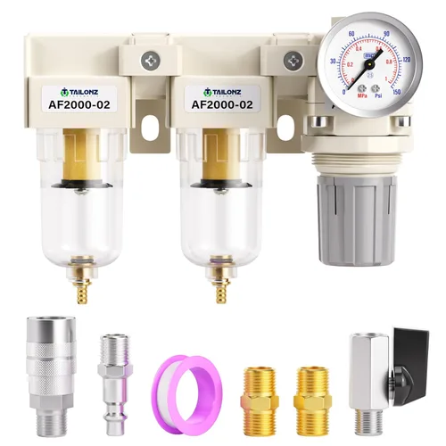 Miniatura 21 de TAILONZ PNEUMATIC Regulador de presión de filtro de aire de drenaje automático NPT de 1/4 de pulgada Combo Piggyback, filtro compresor