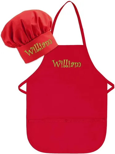 Bordado personalizado fabricado en los Estados Unidos – Añade un nombre para niño delantal y sombrero – Tallas para niños pequeños y niños Rojo