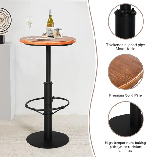 Miniatura 8 de Mesa de bar industrial vintage de 42 pulgadas de alto, barra de metal redonda con parte superior de madera, mesa de pub para cocina, comedor, mesa