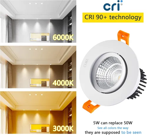 Miniatura 4 de Lámpara empotrable LED de 3 pulgadas, lámpara de techo COB de 5 W con controlador, 3000 K/4000 K/6000 K, CRI92, 410 lm, accesorio de iluminación