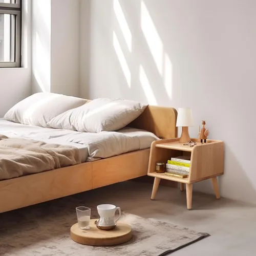 Miniatura 2 de Mesita de noche de madera maciza 100% natural con almacenamiento abierto, elegante mesita de noche moderna de mediados de siglo para dormitorio, 2