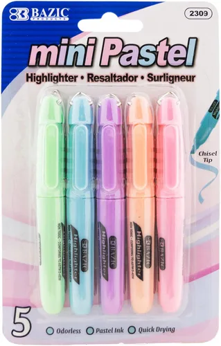 BAZIC Products Mini Resaltador – Juego de Resaltadores de Punta Biselada de Colores Pastel Surtidos, Bolígrafo Resaltador Estilo Escritorio para