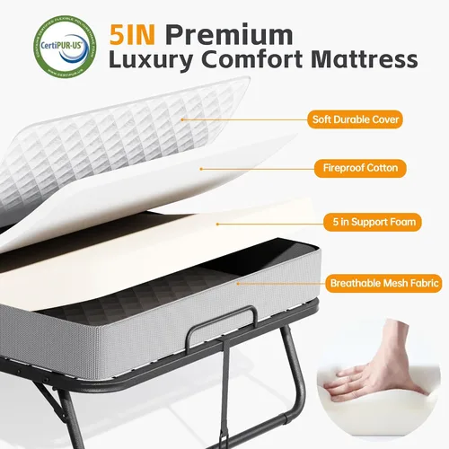 Miniatura 5 de INTERGREAT Cama plegable, cama portátil de tamaño individual de 75 x 38 pulgadas para adultos, camas plegables de metal para huéspedes con ruedas