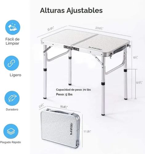 Miniatura 4 de Mesa de campamento plegable pequeña, 24 pulgadas de largo x 16 pulgadas de ancho con patas de altura ajustable, mesa de comedor de aluminio ligera