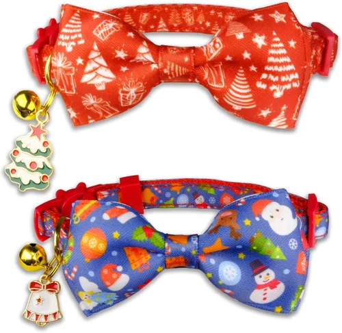Paquete de 2 collares de pajarita de gato de Navidad con campana, juego de collar ajustable festivo con dijes de árbol y campana, patrones de Papá
