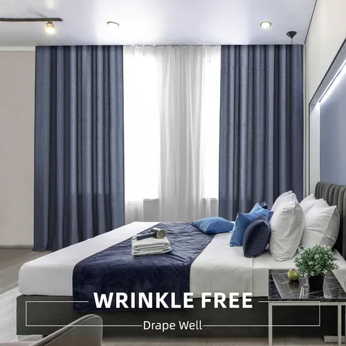 Miniatura 5 de Cortinas con pestaña trasera de 84 pulgadas de largo, mezcla de lino, juego de 2 paneles, cortinas azul oscuro extra anchas para patio, pasillo