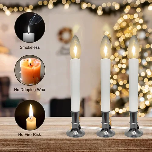 Miniatura 3 de Paquete de 4 velas eléctricas de ventana de Navidad con sensor del atardecer al amanecer, velas de ventana con base chapada en níquel con bombilla