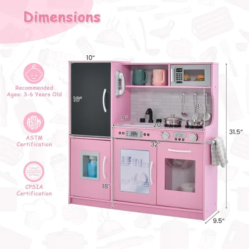 Miniatura 7 de HONEY JOY Set de cocina de madera de juguete para niños, juego de simulación de pequeño chef con pizarra, teléfono, utensilios, horno, microondas